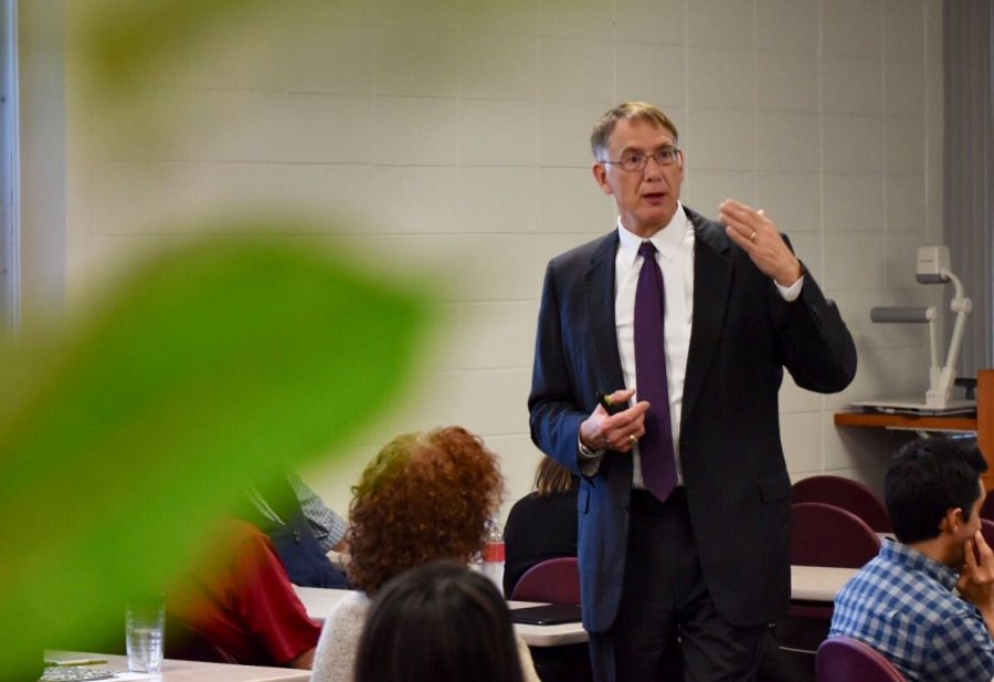 Dr. Stephen Farris, candidate for dean of the Gordon Ford College of Business, speaks at a forum at Grise Hall on Wednesday. Farris is currently the dean of the University of Colorado Springs’ college of business.