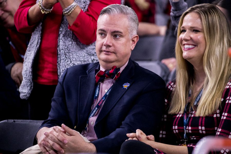 WKU President Tim Caboni along with his wife, Kacy Schmidt Caboni, watch as the Lady Toppers play against UTSA during the Lady Toppers 78-50 win in first game of the Conference USA tournament on Thursday March 8, 2018 at The Star in Frisco, Tx.