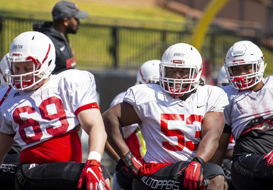 Jeremy Darvin performs drills during a WKU football team Spring practice at L.T. Smith Stadium on April 6. WKU will hold its Red and White scrimmage on April 13.