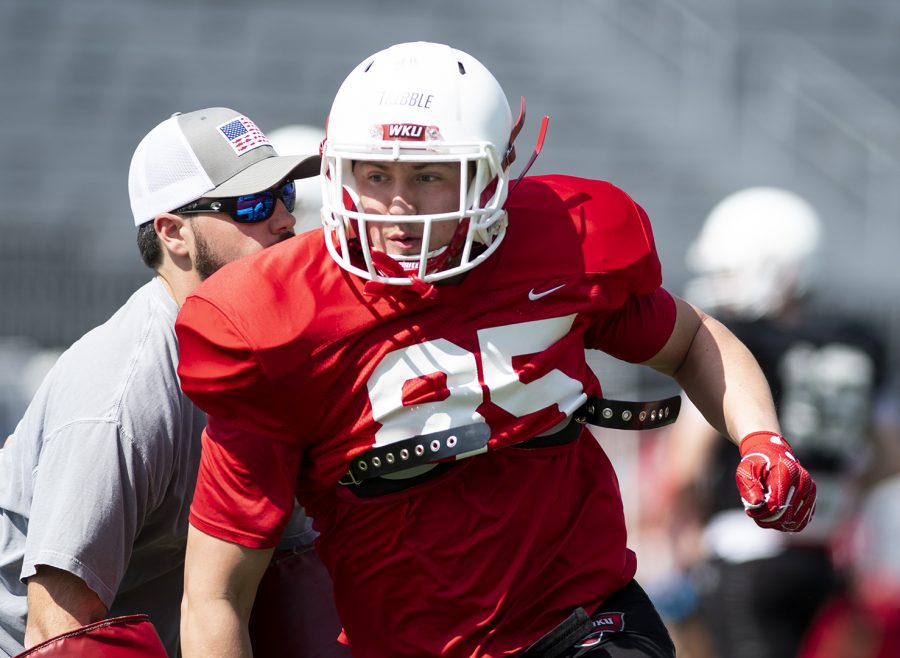 Redshirt junior Preston Tribble, participates in drills during The WKU football teams 12th Spring practice of the year at Houchens-Smith Stadium on April 6. Following Spring practice Tribble was removed from the team.