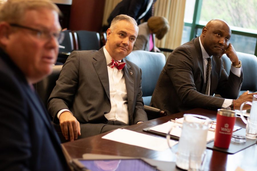 President Timothy Caboni listens during the Board of Regents meeting on April 12, 2019. The Board of Regents discussed future budget cuts during its meeting on Friday.