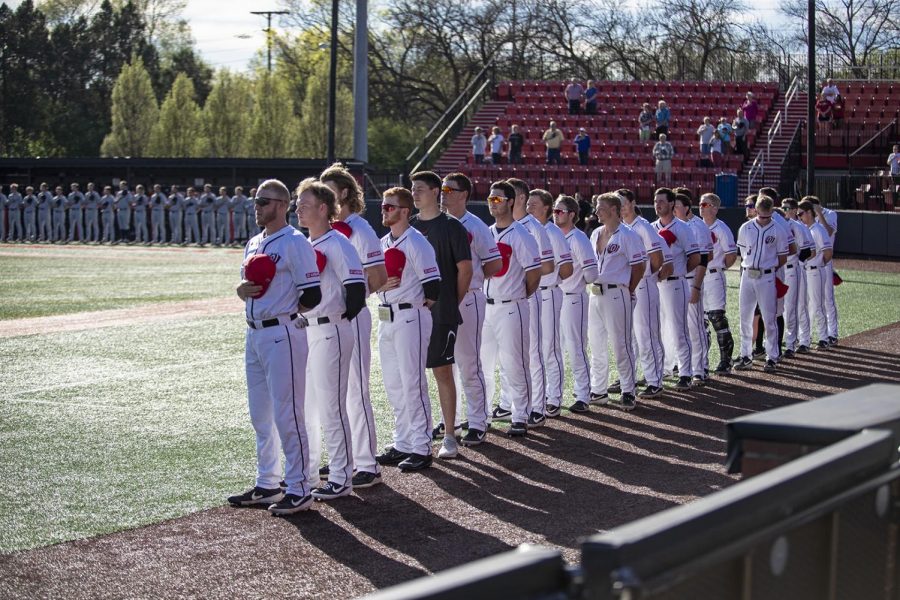 WKU Hilltoppers stand for the national anthem before the Belmont versus Hilltoppers Game on April 9, 2019 at Nick Denes Field. WKU won the game with a score of 8-7.