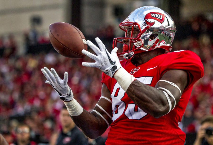 WKU+tight+end+MikQuan+Deane+%2885%29+catches+a+pass+for+a+touch+down+at+the+WKU+Homecoming+football+game+on+Saturday+October+14%2C+2017+at+LT+Smith+Stadium.+WKU+won+45+to+14.