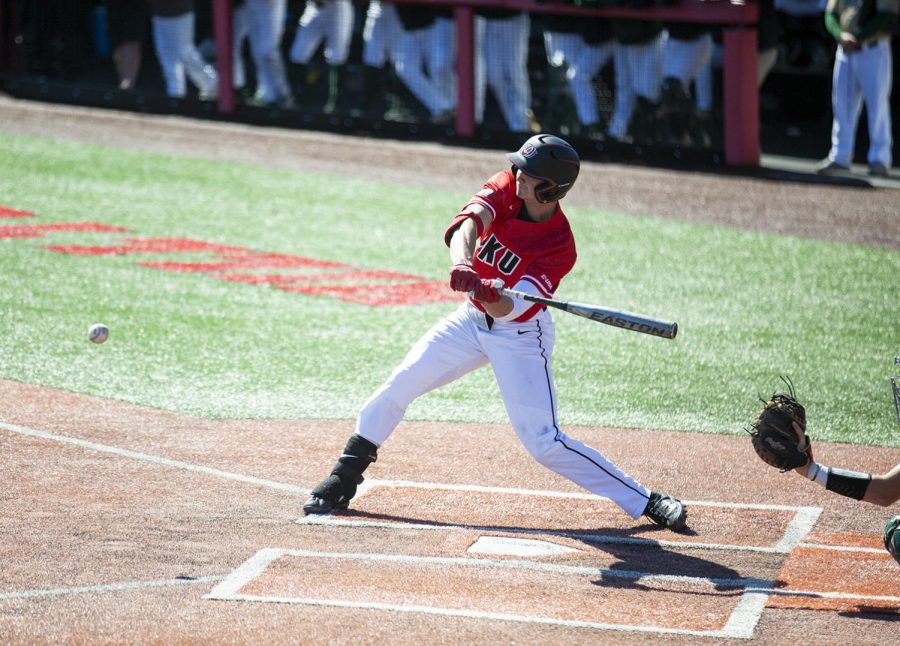 Junior, first baseman Jake Sanford hits the ball during WKU's game against UAB on March 16. Sanford was just named C-USA Hitter of the Week.