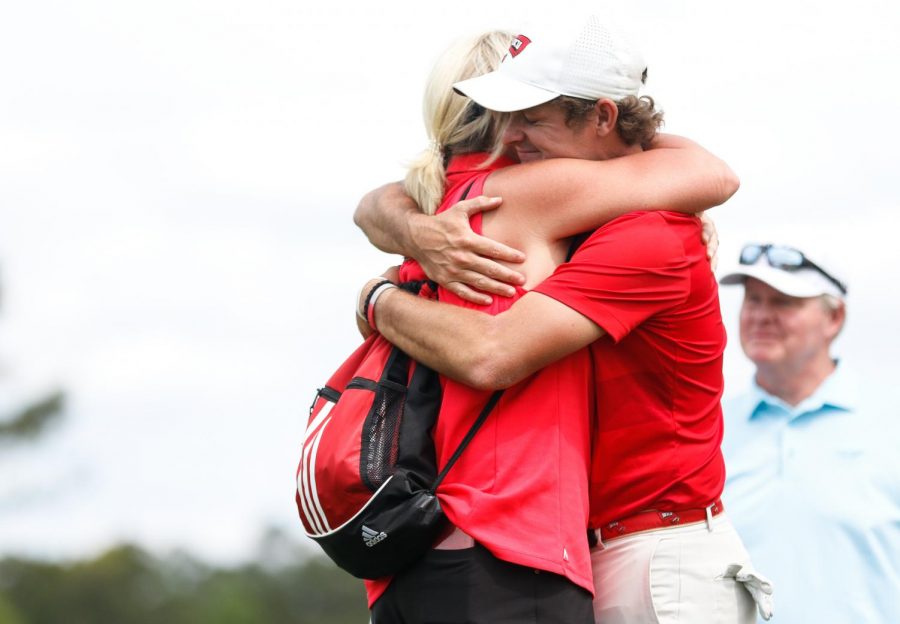 Redshirt senior men’s golfer Billy Tom Sargent celebrates after clinching a berth to the NCAA Division I Men’s Golf Championships on May 15, 2019.
