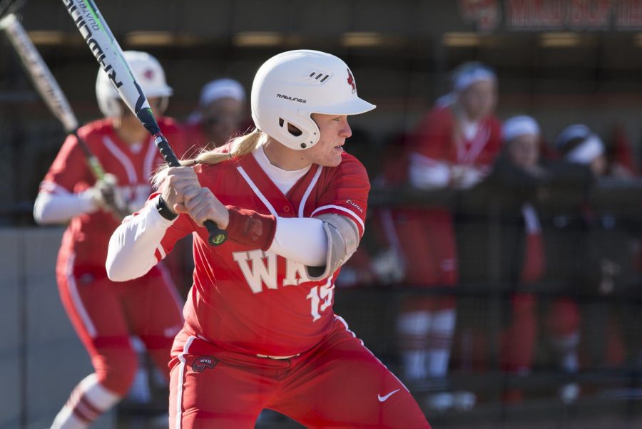 OF Kelsey Mcguffin prepares to swing during a game against Austin Peay. Mcguffin led WKU with a .444 hitting percentage at the C-USA Tournament. The Lady Toppers lost to the Austin Peay Governors on March 2. at the WKU softball complex.