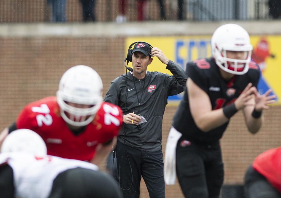 WKU head football coach Tyson Helton observes a play during the Red vs White Spring game on April 13. Were right where we need to be at this stage, Helton said. The summer time will be really important for us, thats the next step in the process. CHRIS KOHLEY/HERALD