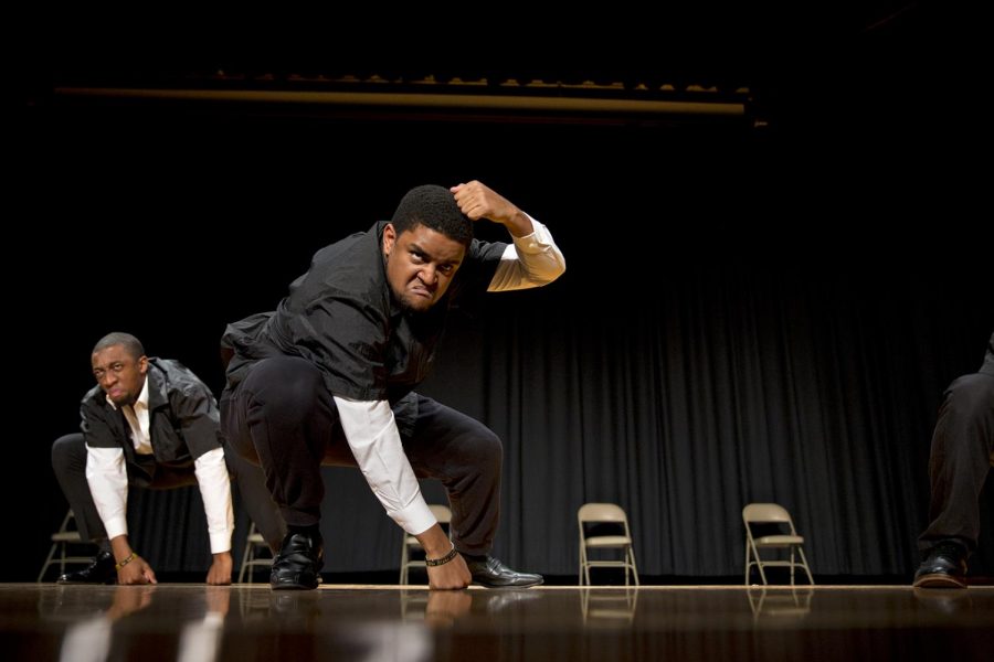 Louisville senior Harrison Hill, left and Ft. Lauderdale senior Brent OConnor, right, perform during the 2017 Yard Show. The yearly performance is one of the many events associated with the National Pan-Hellenic Council (NPHC), the governing body of WKU’s nine historically African-American fraternities and sororities.