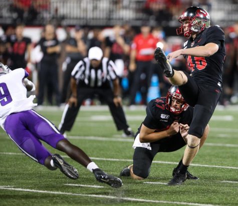 WKU Hilltoppers freshman kicker Cory Munson (46) launches a kick during WKU’s 35-28 loss against the Central Arkansas Bears in Houchens-Smith Stadium on Thursday Aug. 29, 2019.