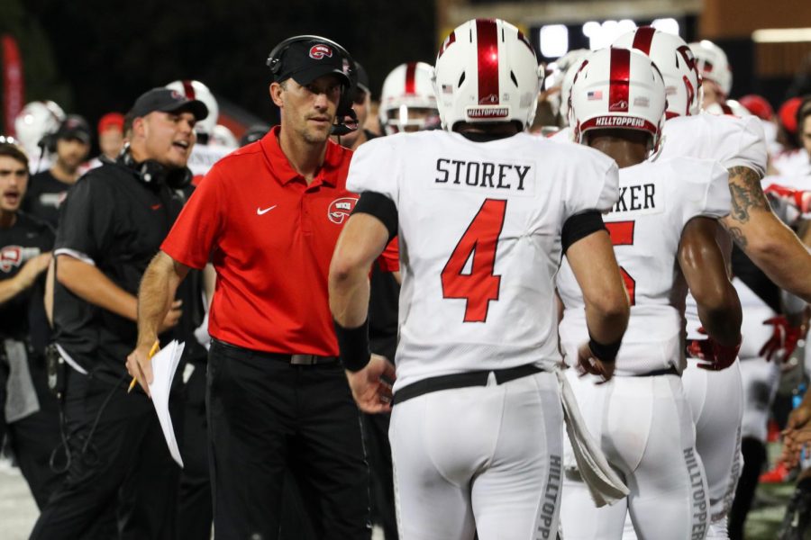 WKU+quarterback+Ty+Storey+runs+off+the+field+after+throwing+a+touchdown+to+tight+end+Joshua+Simon+%286%29.+WKU+defeated+UAB+20-13+at+Houchens-Smith+stadium+on+Saturday+September+28%2C+2019.