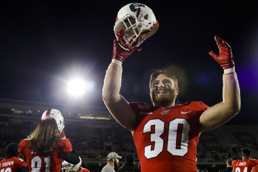 WKU’s linebacker Clay Davis celebrates his team’s win against the Army Black Nights after the game in Houchens-Smith Stadium on Saturday, Oct. 12, 2019. This is the third win in a row for the Hilltoppers.
