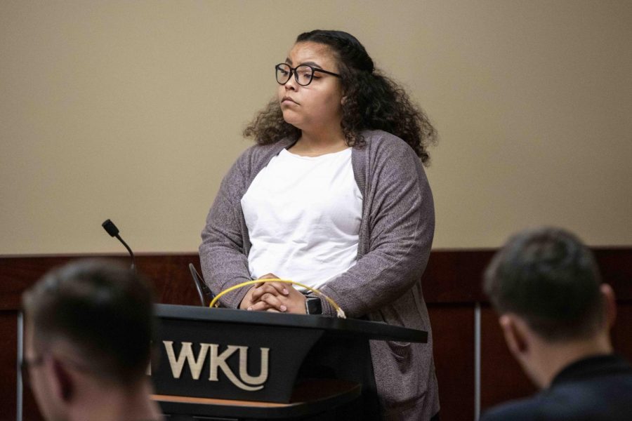 Symone Whalin, one of the authors of Resolution 1-19-S, expresses to SGA during a meeting on Feb. 26, 2019 why the historical marker located in front of the Kentucky Museum on Western Kentucky University’s Campus should be relocated.