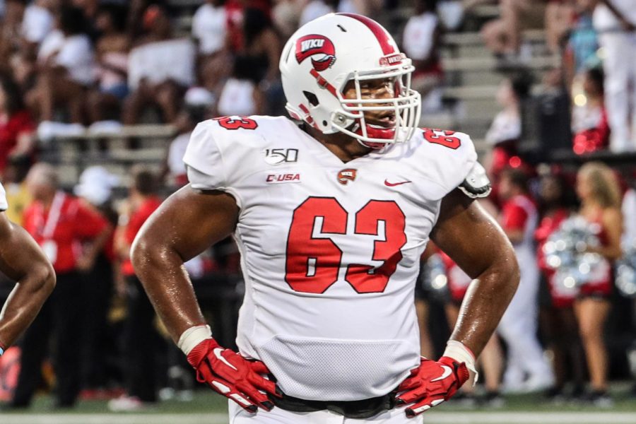 WKU+offensive+lineman+Miles+Pate+looks+on+during+the+game+against+UAB+on+September+28%2C+2019+at+Houchens-Smith+Stadium.+WKU+won+20-13.