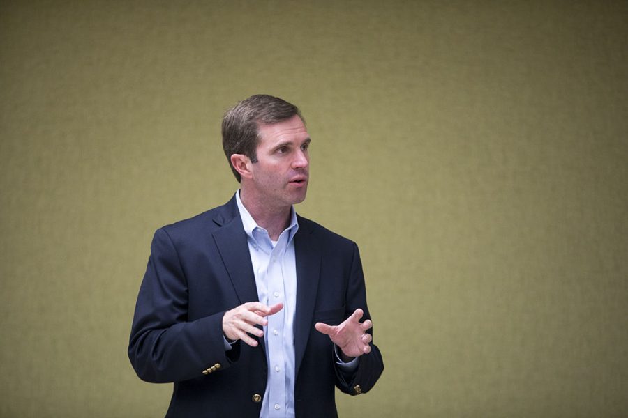 Attorney General, Andy Beshear, speaks to the Bowling Green community at the Bowling Green Municipal Utilities hosted by the Warren County Kentucky Democratic Party on Monday.