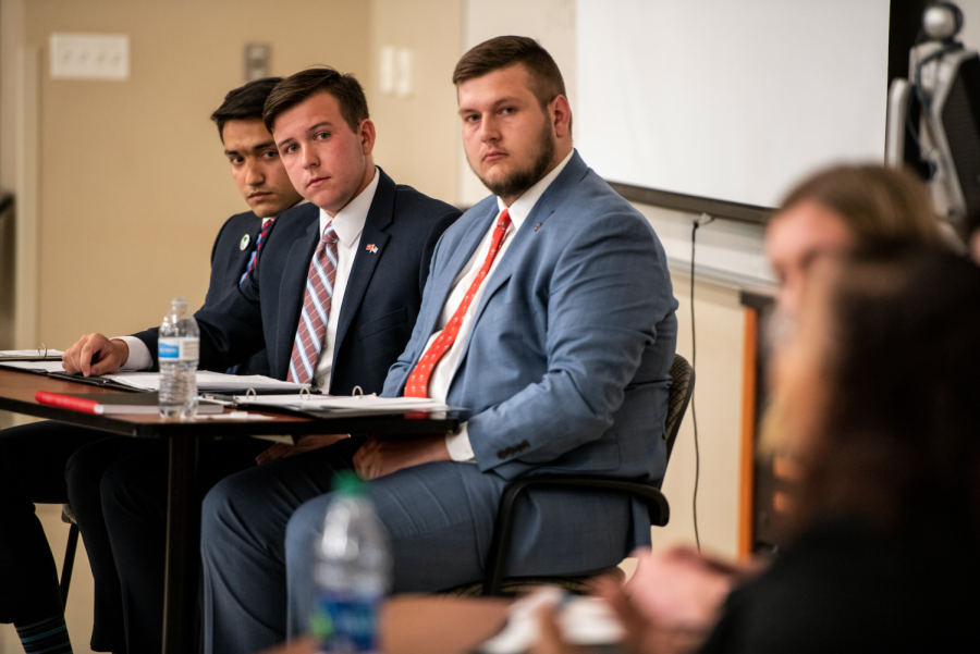 SGA+executive+candidates+%28left+to+right%29+Kenan+Mujkanovic%2C+Garrett+Edmonds+and+Will+Harris+watch+as+their+opponents+speak+during+the+Herald+Town+Hall+on+April+10%2C+2019+in+Gary+Ransdell+Hall.+Herald+Town+Hall+is+a+forum+for+candidates+to+answer+questions+regarding+their+campaign+submitted+by+the+WKU+student+body%2C+faculty+and+staff.
