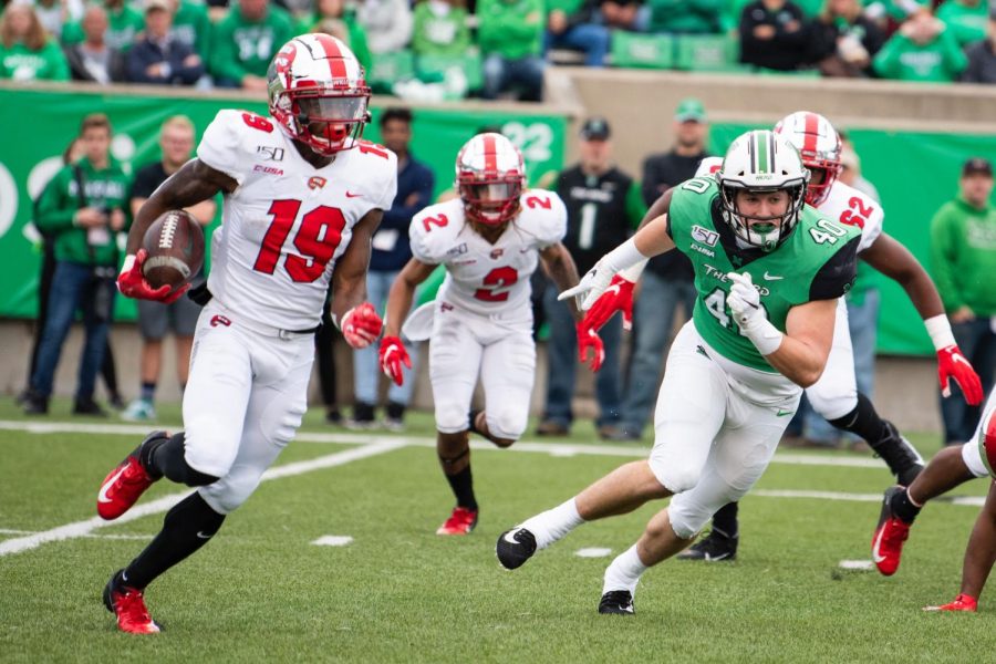 WKU+wide+receiver+Dayton+Wade+%2819%29+returns+a+punt+against+the+Marshall+Thundering+Herd+at+Joan+C.+Edwards+stadium+on+October+26%2C+2019+in+Huntington%2C+WV.+WKU+lost+26-23.
