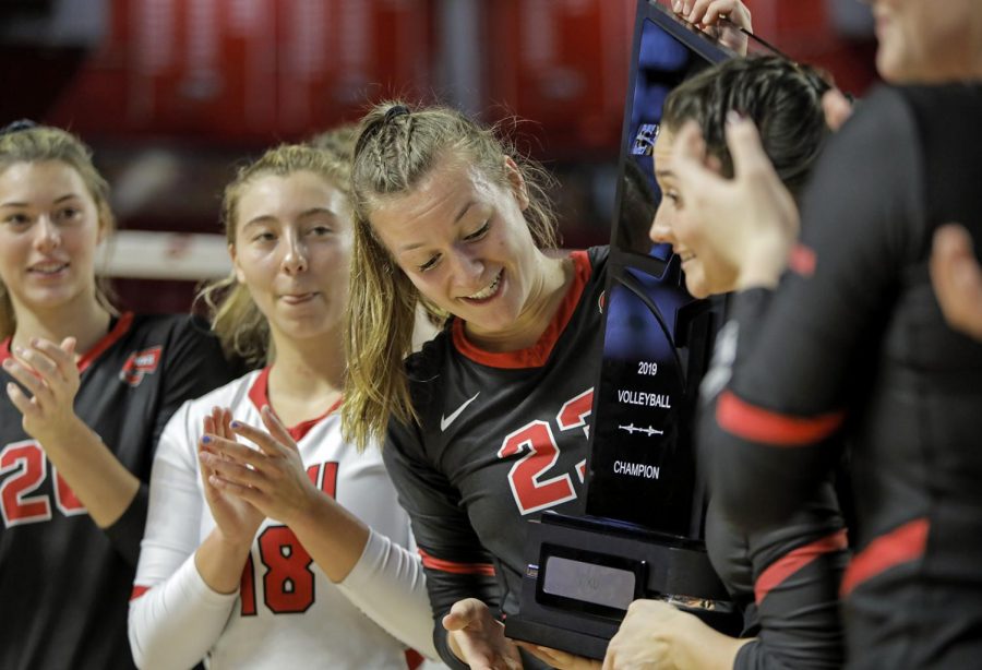 WKU senior Sophia Cerino (23) celebrates with her teammates after the WKU’s senior day game against the UAB Blazers at E.A. Diddle Arena on Saturday, Nov. 16, 2019. WKU swept UAB 3-0 to finish the regular season with a record of 28 wins and one loss.