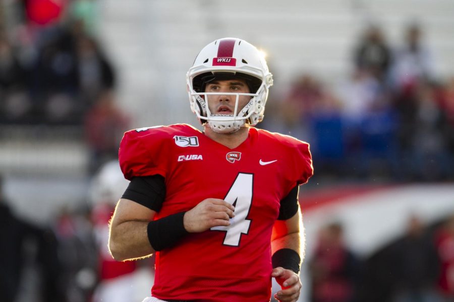 WKU Quarterback Ty Storey takes the field during warmups in preparation to compete against Army. The Hilltoppers defeated the Black Knights 17-8 at Houchens-Smith Stadium on October 12, 2019.