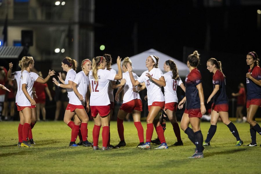 The WKU soccer team celebrates scoring a goal against Belmont during the season opener at the WKU Soccer Complex on Thursday, Aug. 22, 2019.