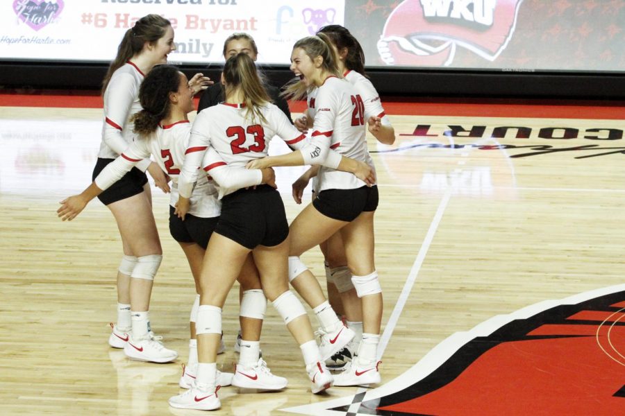 Members of the WKU Lady Toppers gets riled up before the WKU vs. UTEP game on Nov. 1st, 2019 at Diddle Arena. WKU win, 3-0.
