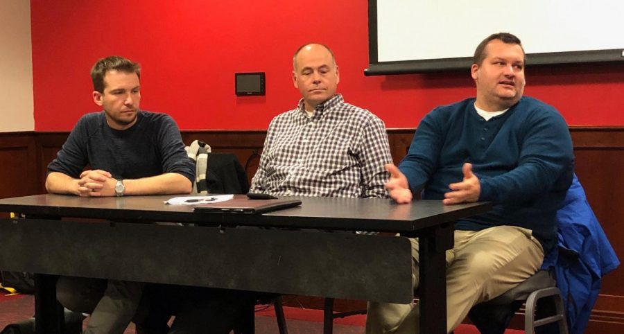 From left: Political science professors Jeff Budziak, Scott Lasley and Joel Turner participated in a panel discussion over the Kentucky gubernatorial election. The discussion analyzed how and why Attorney General Andy Beshear defeated incumbent Gov. Matt Bevin.