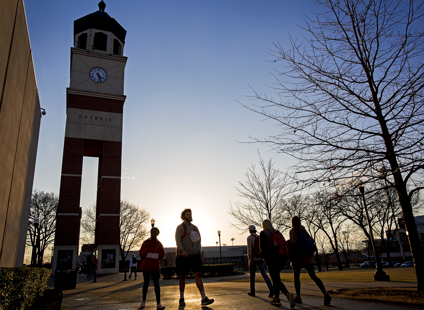 Students walk to class by Guthrie Bell Tower on January, 22, 2018.