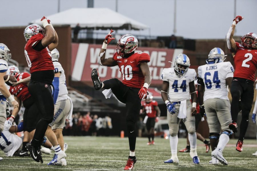WKU+junior+defensive+lineman+Deangelo+Malone+%2810%29+celebrates+making+a+stop+during+the+game+against+MTSU+in+L.T.+Smith+Stadium+on+Saturday%2C+Nov.+30%2C+2019.