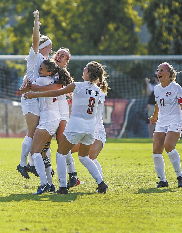 WKU Lady toppers celebrate after WKU Lady topper forward Ashley Leonard (7) scored a penalty kick to defeat the Louisiana Tech Lady Techsters during the game at the WKU Soccer Complex on Sunday Sept. 29, 2019.