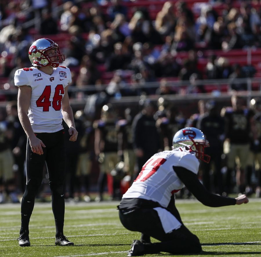 WKU freshman kicker Cory Munson attempts a field goal during the First Responder Bowl. WKU defeated Western Michigan 23-20 in Gerald Ford Stadium in Dallas.