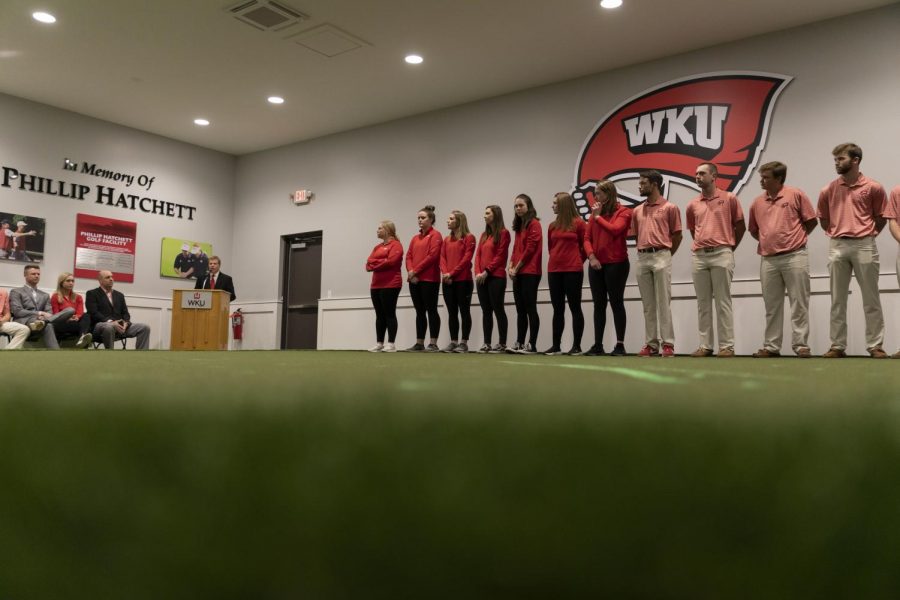 WKU Director of Athletics Todd Stewart thanks the crowd for their support during the grand opening of the new Philip Hatchett Golf Facility on Friday.
