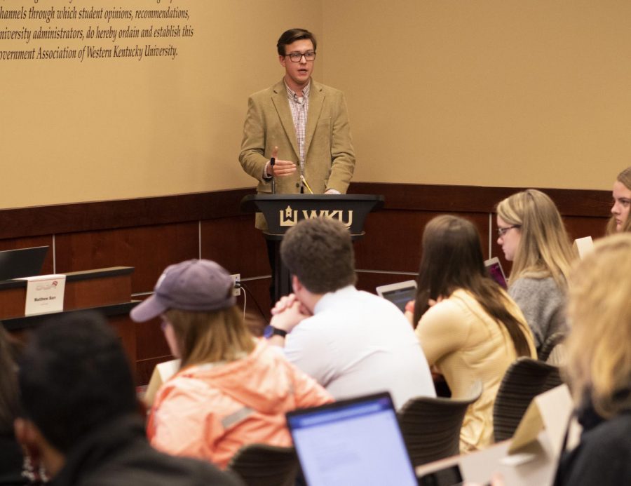Garrett Edmonds, Executive Vice President for SGA, discusses with fellow cabinet members events at their meeting on Feb 18, 2020.