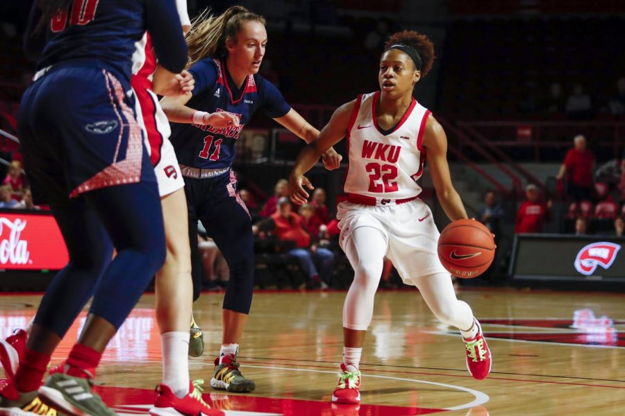 Junior guard Sherry Porter (22) looks to drive toward the basket during the Lady Toppers’ 68-59 win over Florida Atlantic in Diddle Arena on Thursday, Jan. 30 in Bowling Green.