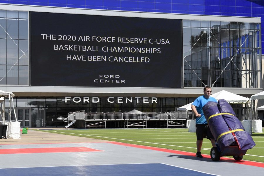 Crews pack up their belongings outside Ford Center at The Star after the C-USA Basketball tournament was cancelled on March 12, 2020 in Frisco, Tx.