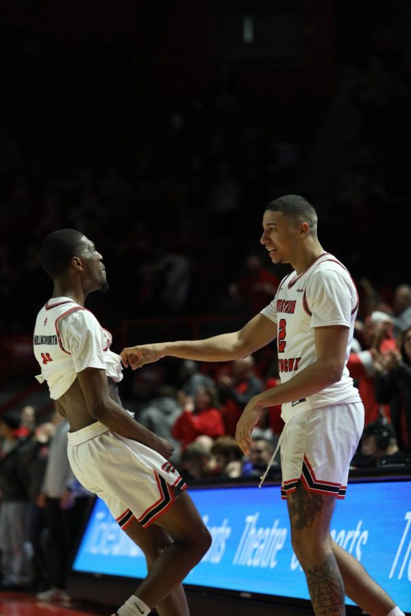 WKU+guards+Jared+Savage+and+Taveion+Hollingsworth+celebrate+after+Hollingsworths+game-tying+3-pointer+to+send+the+game+into+overtime.+Hollingsworth+was+4-of-7+from+beyond+the+three-point+line%2C+shooting+57.1%25+as+WKU+defeated+LA+Tech+95-91+in+Diddle+Arena+on+Feb.+27%2C+2019.