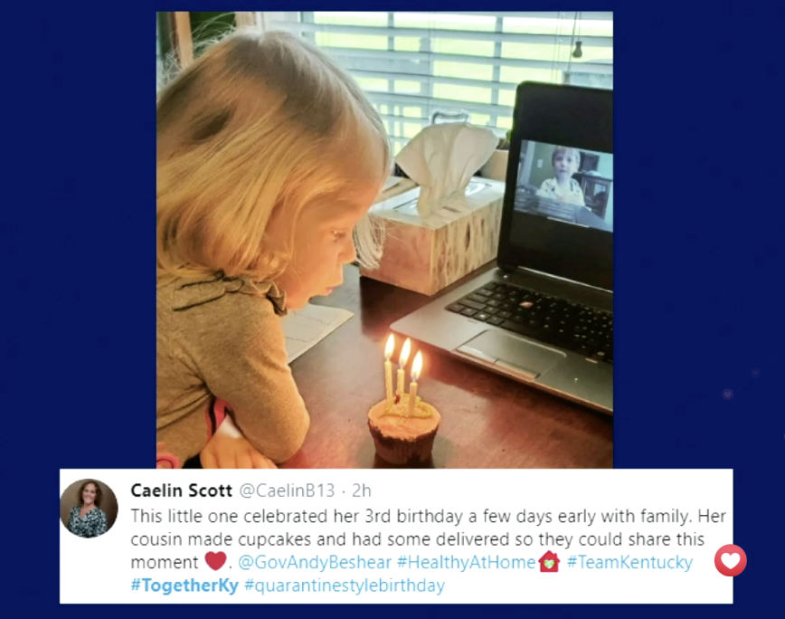 Beshear projected this tweet during his daily update on April 18. Caelin Scott shares a picture of a young girl celebrating her 3rd birthday while social distancing. “We miss special days and special times with family because of this, its a sacrifice,” Beshear said in response to the tweet.