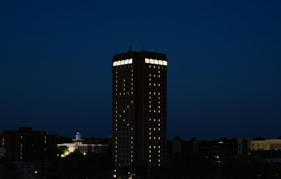 The+rooms+in+Pearce-Ford+Tower+were+lit+up+to+honor+WKU%E2%80%99s+class+of+2020.+Due+to+the+coronavirus+pandemic%2C+commencement+for+WKU+seniors+was+postponed+until+September.