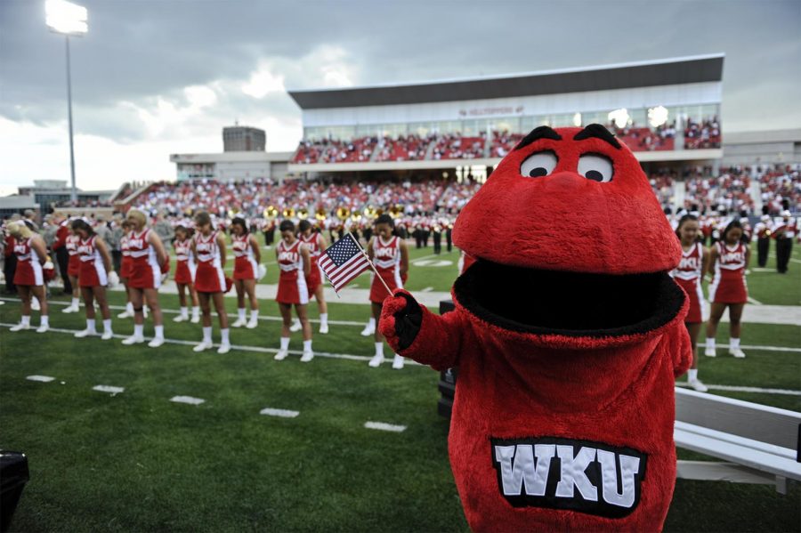 Big Red pauses for a moment of silence before a WKU football game on Sept. 10, 2011, in Smith Stadium. Big Red has been WKUs mascot since 1979 when it was created by Ralph Carey. Big Red is seen as a part of the spirit of Western, Carey said.