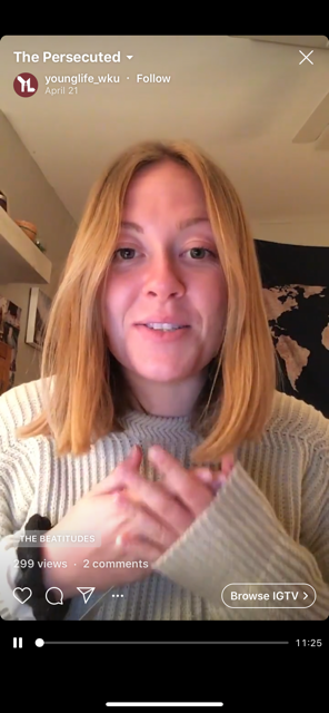 Young Life student leader Christina Bacon shares an Instagram live video on the Young Life account sharing scripture. Campus ministries like Young Life have switched to a virtual format, which means regular posts on social media in order to stay connected. 