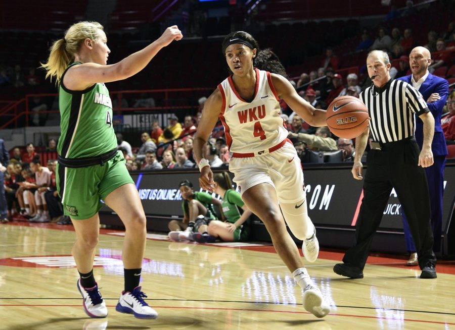 Western Kentucky Hilltoppers forward Dee Givens (4) Marshall Thundering Herd at WKU Hilltoppers, February 20, 2020 at E.A. Diddle Arena