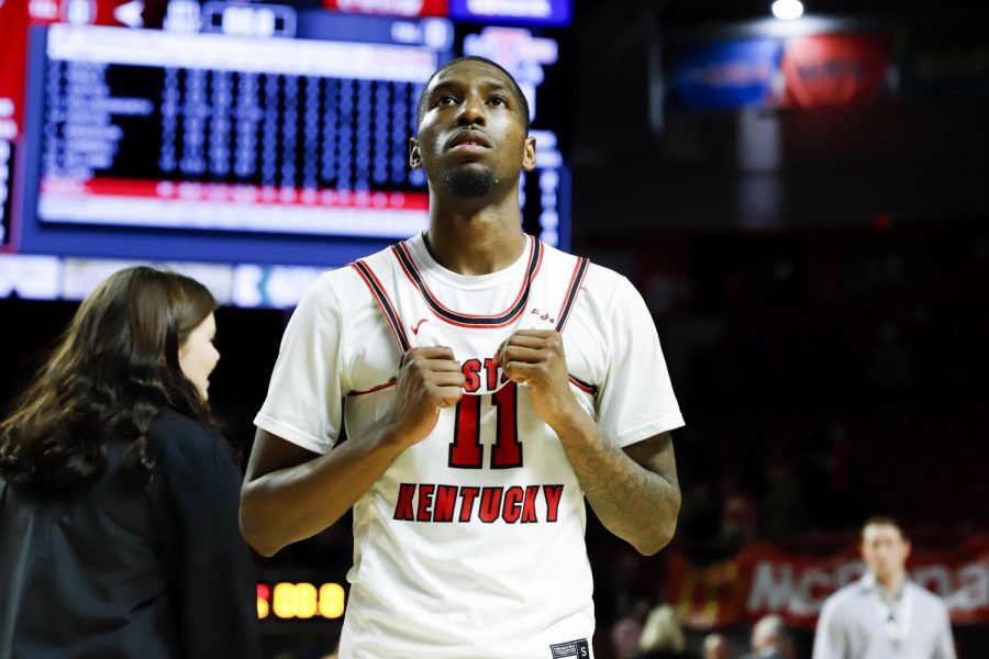 WKU+junior+guard+Taveion+Hollingsworth+%2811%29+looks+on+after+the+basketball+game+against+Louisiana+Tech+on+senior+night+at+E.A.+Diddle+Arena+on+February+27%2C+2019.