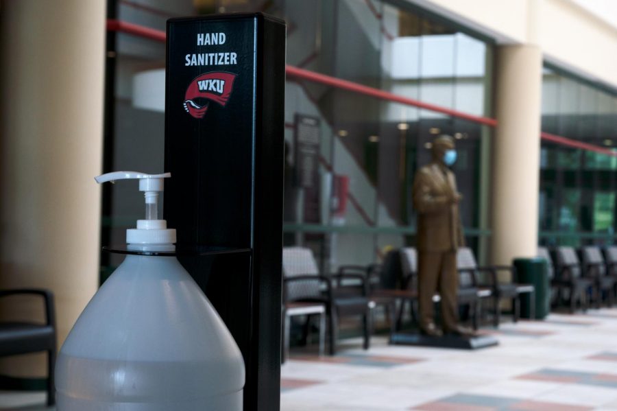 Hand sanitizer has been placed at entrances to all campus buildings at Western Kentucky University in order to help stop the spread of COVID-19 during the Fall 2020 semester.