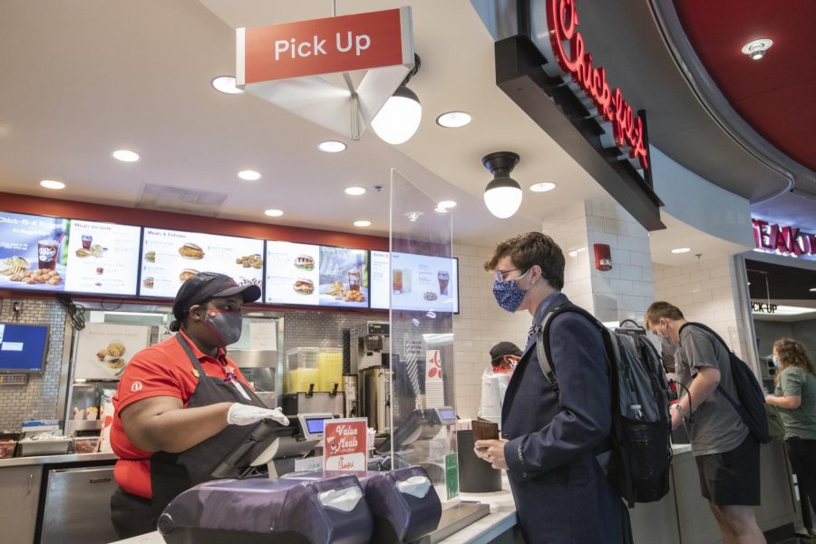 WKU student J.T. Schaefer orders from Chick-fil-A during their first day back open on Sept. 17, 2020.
