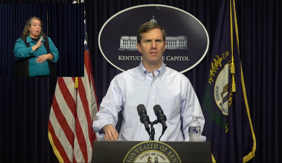 Kentucky Gov. Andy Beshear gives a daily update on the coronavirus situation in the state on March 18, 2020. The update is available live on Facebook and Youtube. 