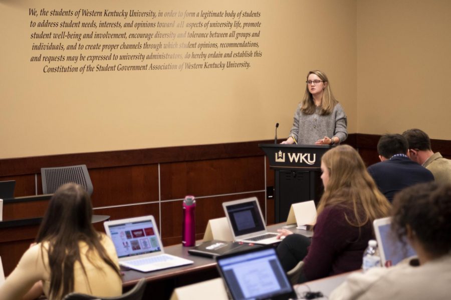Ashlynn Evans, Director of Public Relations for SGA, speaks at the stand in the WKU Student Senate Chambers on Feb 18, 2020.