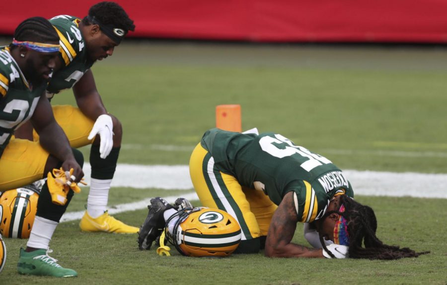 Green Bay Packers defensive back Parry Nickerson (35) reacts in the endzone before an NFL football game against the Tampa Bay Buccaneers Sunday, Oct. 18, 2020, in Tampa, Fla.