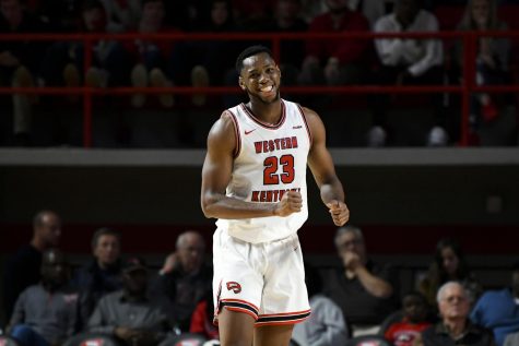 WKU sophomore center guard Charles Bassey smiles during the exhibition basketball game between Kentucky State and WKU in Diddle Arena on November 2, 2019. WKU won 85-45.