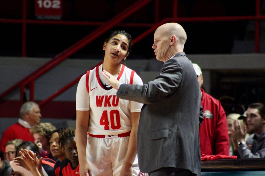 Sophomore guard Meral Abdelgawad (40) receives some feedback from WKU womens basketball head coach Greg Collins during the Lady Toppers game against Belmont in Diddle Arena on Wednesday, Nov. 13 in Bowling Green.