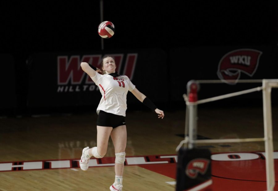 Lady Topper Ashley Hood hitting a serve in the first game of the fall on Nov. 7 against UAB. 