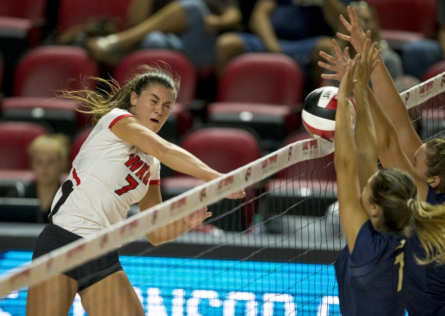 WKU senior Alyssa Cavanaugh (7) spikes the ball during their game vs. Pittsburgh on Friday, September 8, 2017 in Diddle Arena. Cavanaugh was named the tournament MVP.