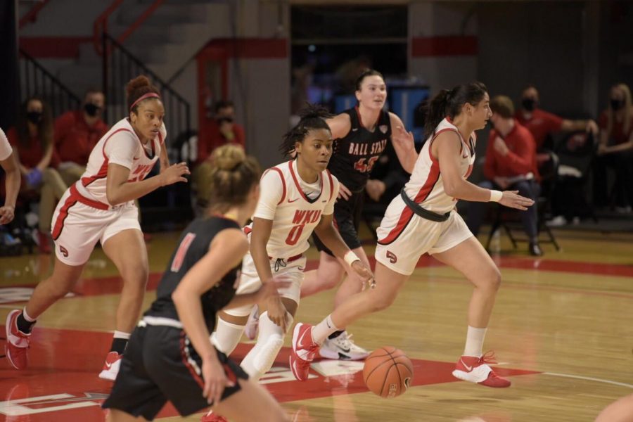 Redshirt sophomore Myriah Haywood driving up the court against Ball State on Dec. 5, 2020. 